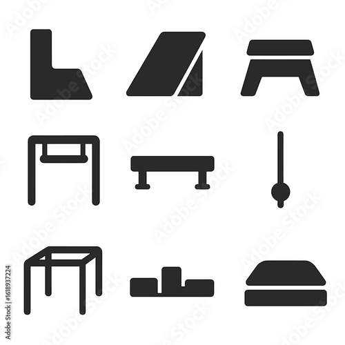 Parkour Icons Set. Solid, filled icons set of parkour and free climbing structures: wall jump, angled panel,