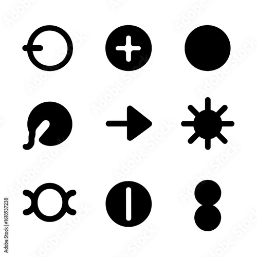 Particle Icon Grid. Solid, filled icon set of fundamental particles: electron, proton, neutron, quark, neutrino, photon, gluon,