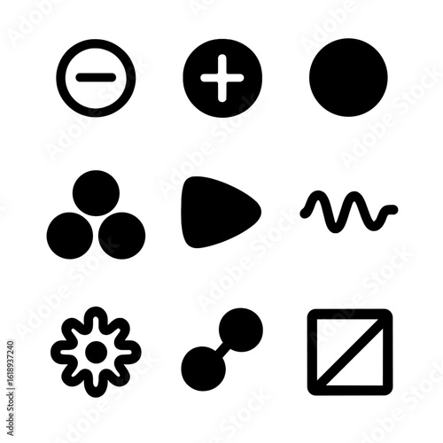 Particle Icon Grid. Solid, filled icon set of fundamental particles: electron, proton, neutron, quark, neutrino, photon, gluon,