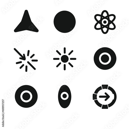 Particle Physics Icons. Solid, filled icon set of particle physics: quark, lepton, Higgs boson, collider, photon, proton, neutron,