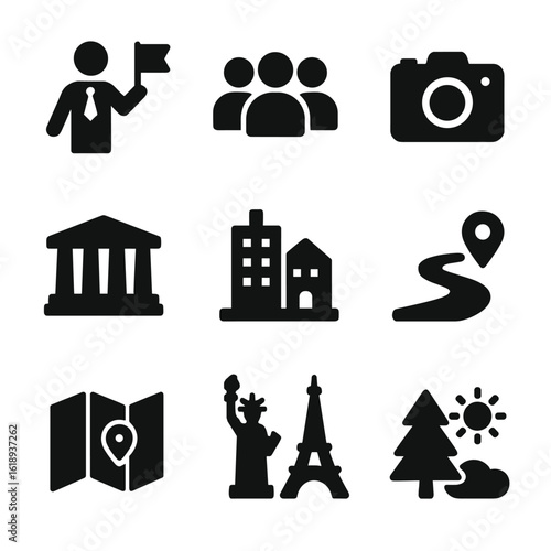 Tour Symbols Grid. Solid, filled icon set of group tours: tour guide, group, camera, monument, city, walking path, city map,