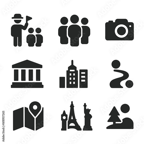 Tour Symbols Grid. Solid, filled icon set of group tours: tour guide, group, camera, monument, city, walking path, city map,