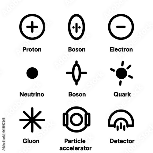 Particle Physics Icons. Solid, filled icon set of particle physics: proton, neutron, electron, neutrino, boson, quark, gluon,