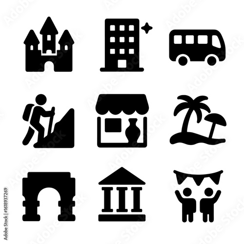 Tourism Icons Set. Solid, filled icon set of Province tourism: landmarks, hotel, tour bus, hiking trail, souvenir shop, beach,