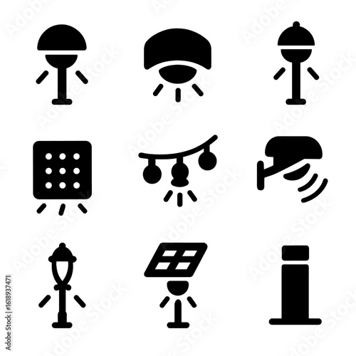 Pedestrian Lighting Icon Set. Solid, filled icon set of pedestrian night lighting: pathway lamp, wall sconce, string lights, pole