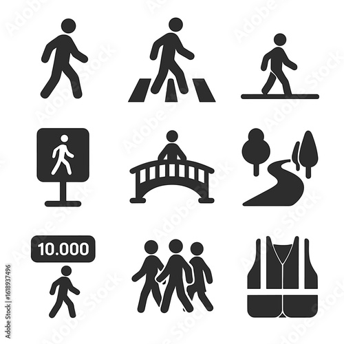 Pedestrian Travel Icons. Solid, filled icons set of pedestrian-friendly travel: walking icon, crosswalk,