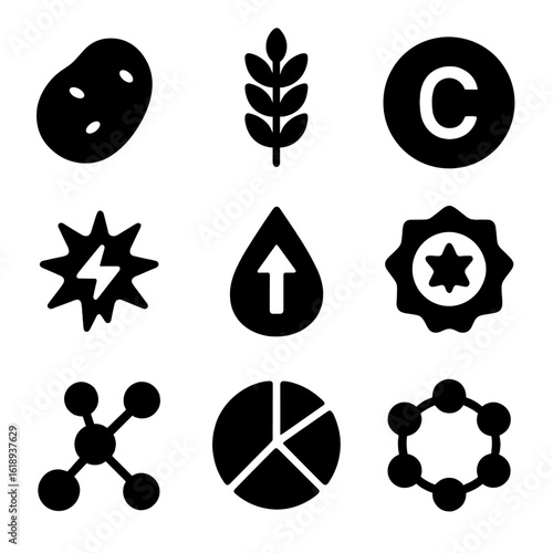 Tuber Nutrition Icons. Solid, filled icon set of tuber nutrition symbols: carb icon, fiber symbol, vitamin C, potassium atom,