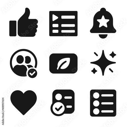 Personalized Content Icons. Solid, filled icons set of personalized content delivery: thumbs up, playlist icon