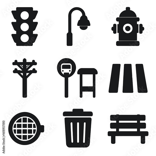 Urban Icons Grid. Solid, filled icon set of urban infrastructure: traffic light, streetlamp, fire hydrant, power line, bus stop,