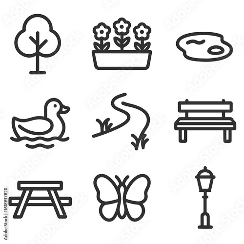 Urban Nature Icons. Solid, filled icon set of urban nature spots: park tree, flower bed, pond, duck, walking trail, wooden bench,