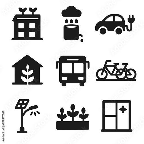 Urban Sustainability Icons. Solid, filled icon set of urban sustainability elements: green roof, rainwater harvesting, electric