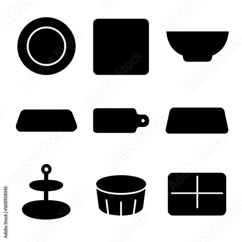 Plating Icon Collection. Solid, filled icon set of plating presentations: circular plate, square plate, bowl, platter, wooden