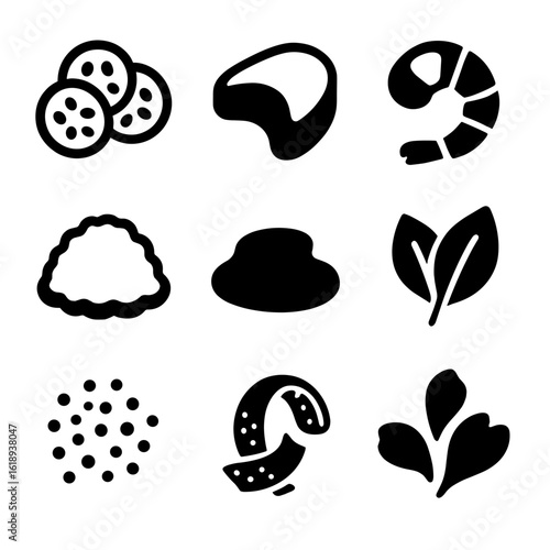Plating Components Icons. Solid, filled icon set of plating components: vegetable slices, meat cuts, seafood pieces, starch base,