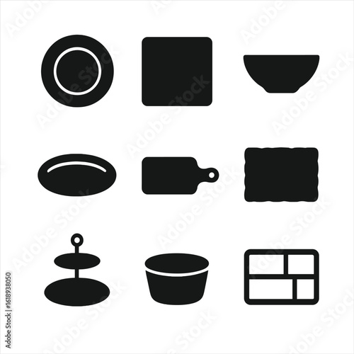 Plating Icon Collection. Solid, filled icon set of plating presentations: circular plate, square plate, bowl, platter, wooden