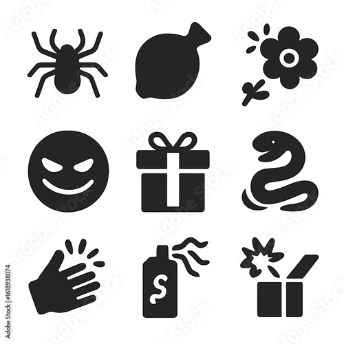 Playful Prank Icons. Solid, filled icon set of playful pranks: fake spider, whoopee cushion, squirting flower, sneaky grin, prank
