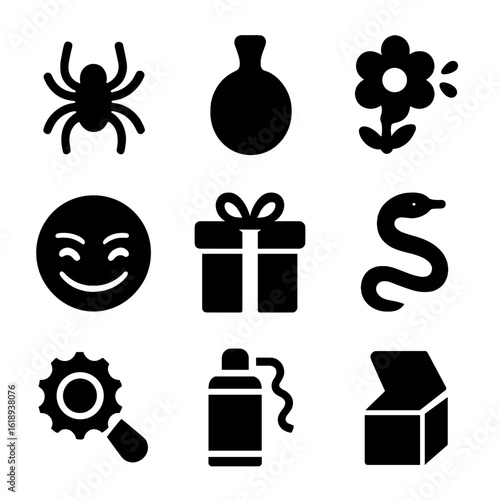 Playful Prank Icons. Solid, filled icon set of playful pranks: fake spider, whoopee cushion, squirting flower, sneaky grin, prank