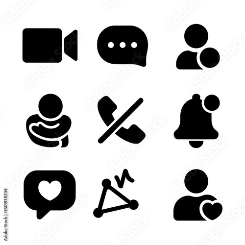 Virtual Connection Icons. Solid, filled icon set of virtual connection attempts: video call icon, typing dots, online status,