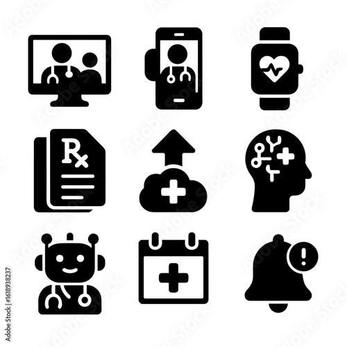 Virtual Healthcare Icons. Solid, filled icon set of virtual healthcare: telemedicine screen, online consultation, remote
