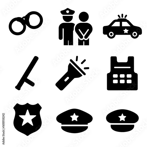Police Action Icons. Solid, filled icon set of police arrest action: handcuffs, officer, suspect, police car, baton, flashlight,
