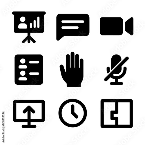 Virtual Meeting Icons. Solid, filled icon set of virtual meetings: presentation screen, chat window, video camera, attendee list,