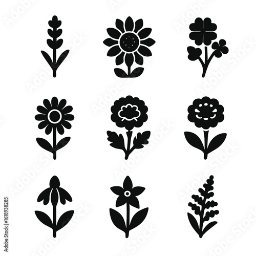 Pollinator Flower Icons. Solid, filled icons set of flowers preferred by pollinators: lavender, sunflower,