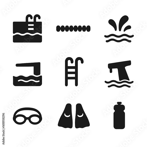 Pool Elements Icons. Solid, filled icon set of pool and water elements: swimming pool, lane rope, water splash, diving platform,