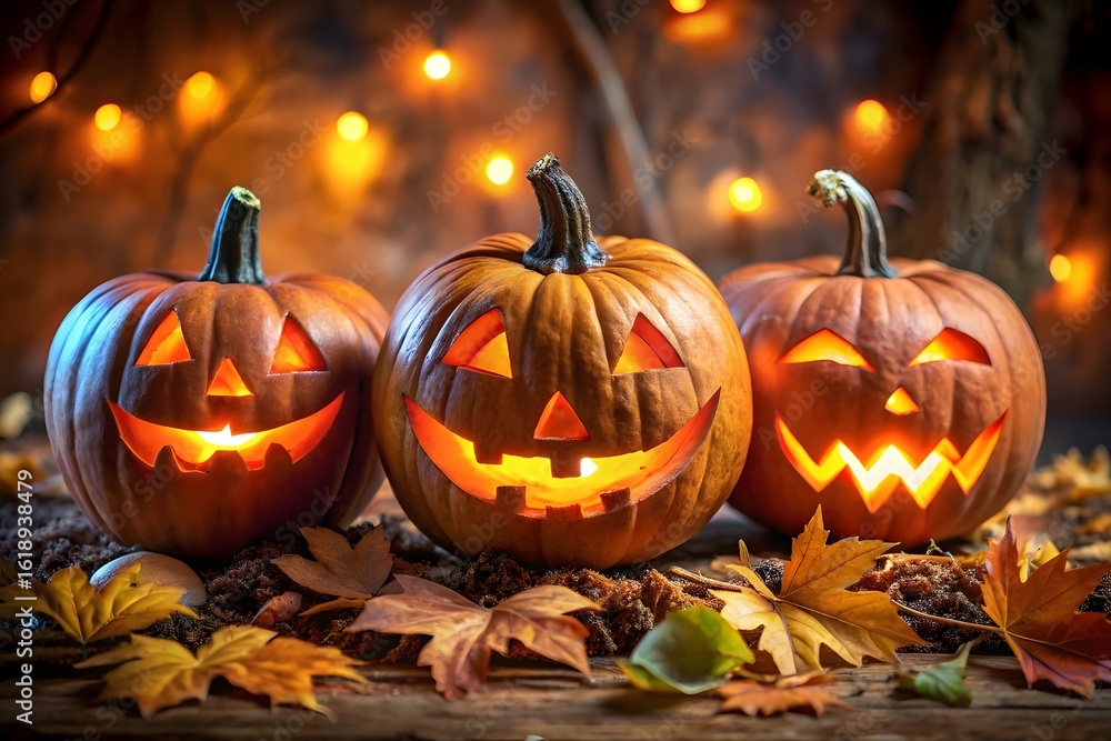 Fototapeta premium Spooky jackolanterns with blurred festive lights in the background