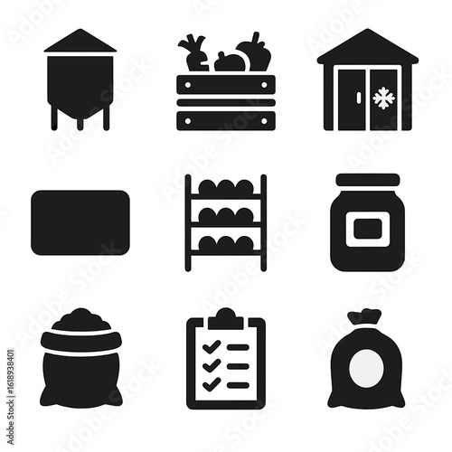 Post-Harvest Storage Icons. Solid, filled icon set of post-harvest storage: grain bin, vegetable crate, storage shed, cold room