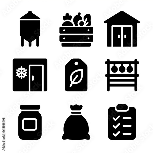 Post-Harvest Storage Icons. Solid, filled icon set of post-harvest storage: grain bin, vegetable crate, storage shed, cold room