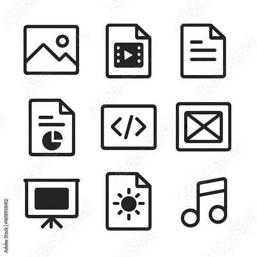 Portfolio Icon Grid. Solid, filled icon set of portfolio content types: photo, video, document, infographic, code snippet, design