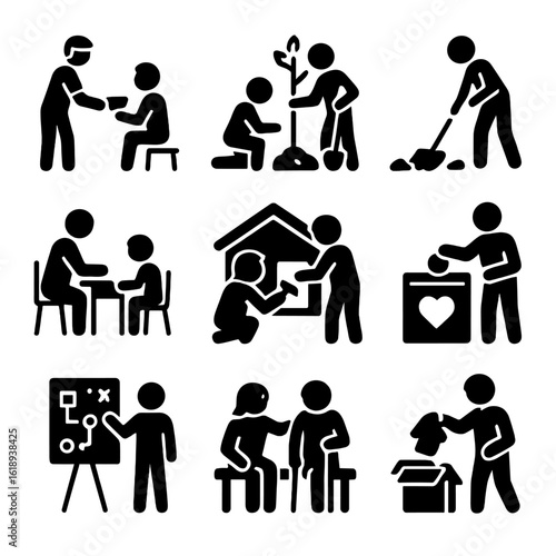 Volunteering Icons Grid. Solid, filled icon set of people volunteering: handing out food, planting trees, cleaning park, tutoring