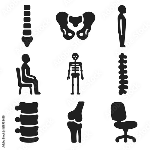 Posture Support Icons. Solid, filled icons set of skeletal support and posture: upright spine, balanced pelvis