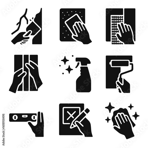 Wall Prep Icon Set. Solid, filled icon set of wall preparation tasks: crack repair, sanding wall, applying mesh, taping joints,