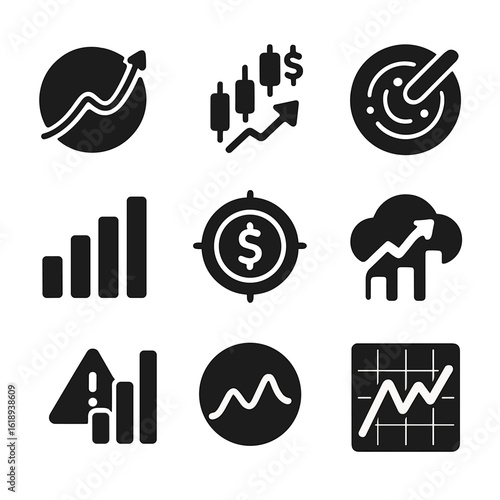 Predictive Finance Icons. Solid, filled icons set of predictive finance analytics: future graph, stock