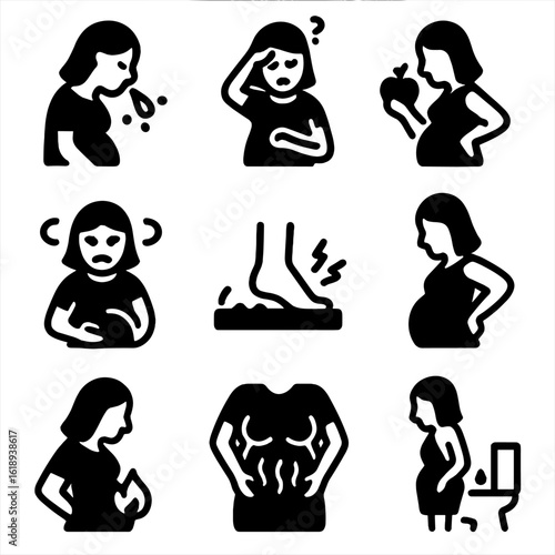 Pregnancy Symptoms Icons. Solid, filled icon set of pregnancy symptoms: morning sickness, fatigue, cravings, mood swings, swollen