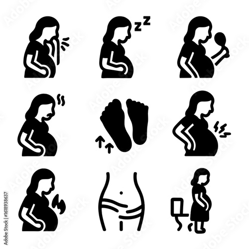 Pregnancy Symptoms Icons. Solid, filled icon set of pregnancy symptoms: morning sickness, fatigue, cravings, mood swings, swollen