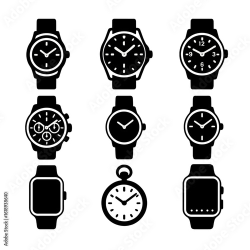 Watch Icon Collection. Solid, filled icon set of watch styles: dress watch, diver watch, pilot watch, racing watch, minimalist