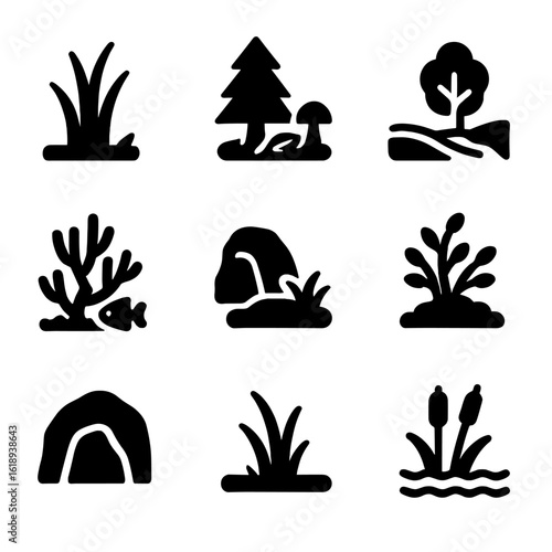 Prey Habitat Icons. Solid, filled icon set of prey habitats: meadow, forest floor, riverbank, coral reef, tundra, shrubland, caves