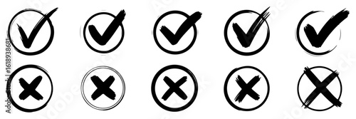 Hand-drawn check marks and crosses, black symbols of confirmation and cancellation on a clean white background.