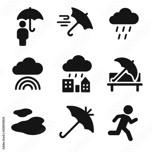 Weather Icon Grid. Solid, filled icon set of Weather scenes with umbrella: person standing under umbrella, wind blowing umbrella,