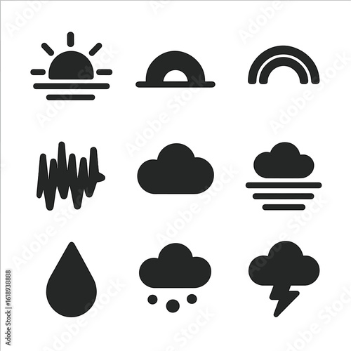 Weather Icons Grid. Solid, filled icon set of natural atmospheric events: sunrise, sunset, rainbow, aurora, cloud formation, fog,