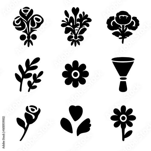 Wedding Bouquet Icons. Solid, filled icon set of Wedding Bouquet: roses, lilies, peonies, greenery, ribbon, flowers, petals,