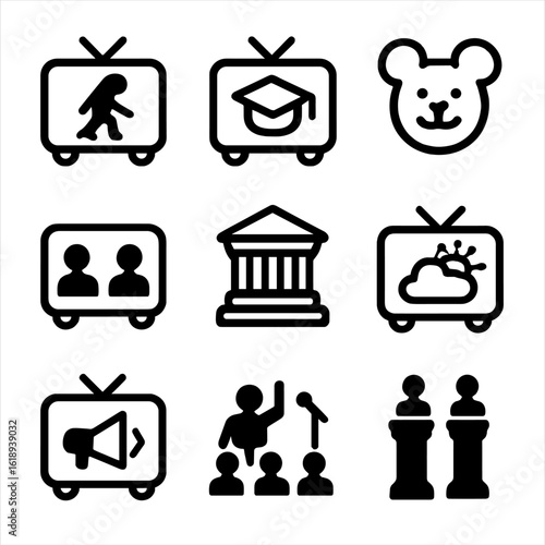 Public Broadcast Icon Set. Solid, filled icon set of Public broadcasting programs: documentary, educational TV, children’s show,