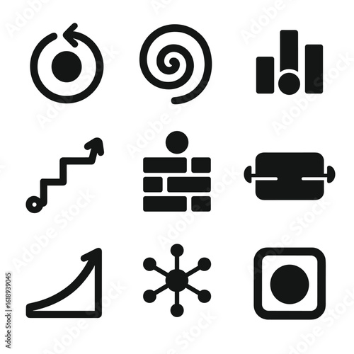 Quantum Algorithm Icons. Solid, filled icons set of visualizing quantum algorithms: grover loop, shor spiral,