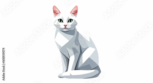 White cat sits and stares directly ahead with geometric facets and pure grace. White cat's cool gaze and geometric patterns give it a modern yet timeless appeal.
