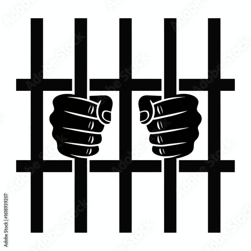 prison, jail, bars, hands, arrest, icon, vector, silhouette, inmate, confinement, crime, justice, punishment, custody, prisoner, detention, locked, security, law, offender, black, illustration, minima