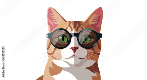 Ginger cat wearing glasses on white background, a trendy pet. Ginger cat embodies feline charm and modern style, reflecting playfulness. Use ginger cat illustration for humorous projects,