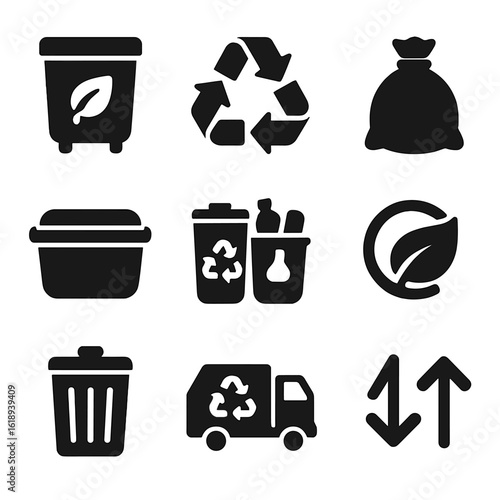 Recycling Icons Grid. Solid, filled icons set of recycling and waste management: compost bin, recycling symbol