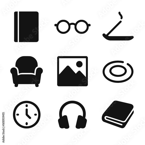 Reflection Icons Grid. Solid, filled icon set of quiet reflection objects: journal, glasses, incense stick, comfy chair, mountain