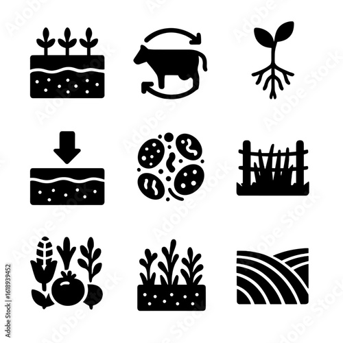Regenerative Farming Icons. Solid, filled icons set of regenerative farming: no-till soil icon, rotational